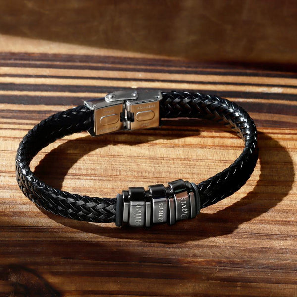 Mens Black Leather Bracelet Engraved - Fathers Day Gift 7.5 Inches